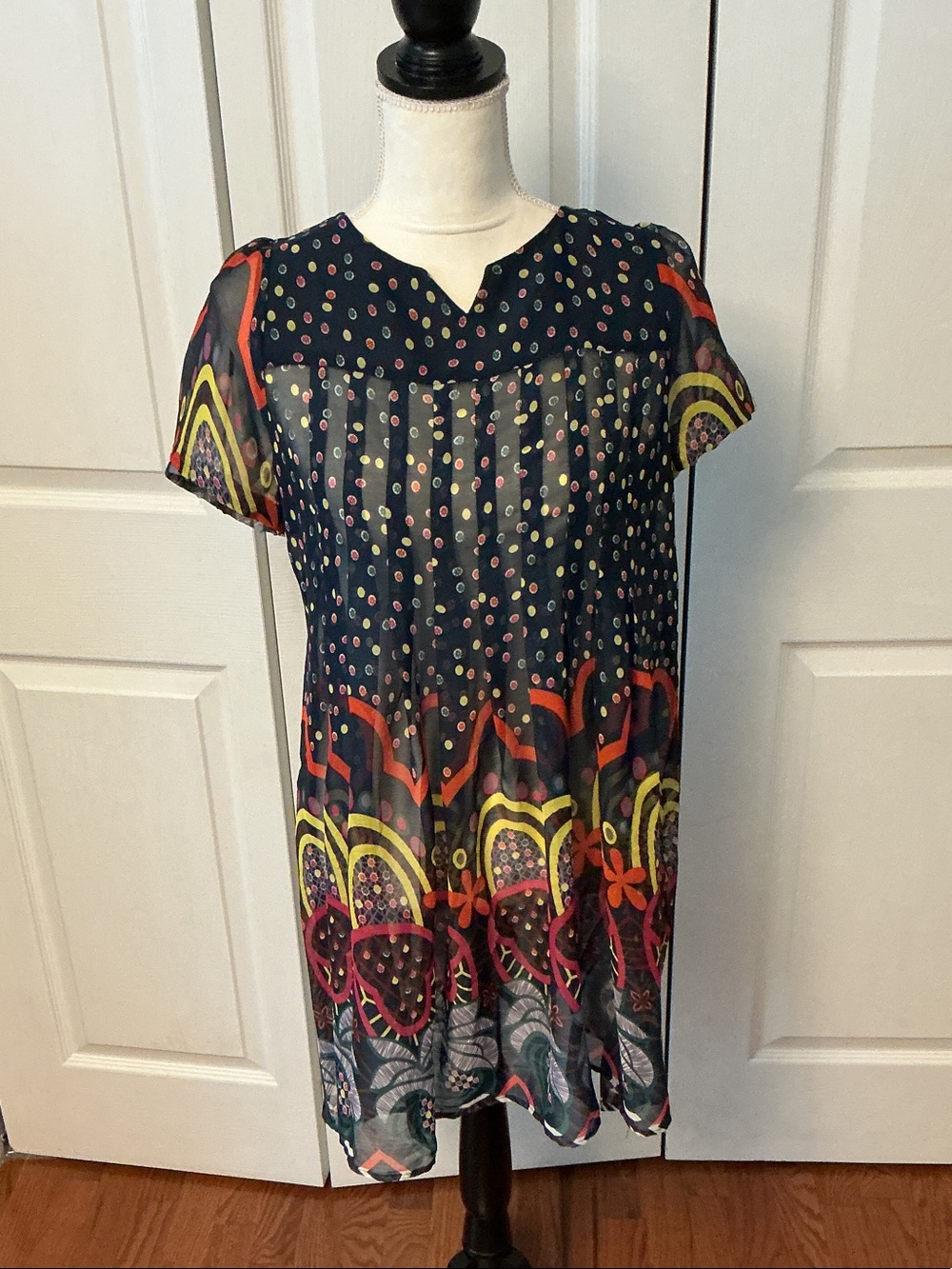 Navy Multicolor Dot & Floral Short Sleeve Mini Dress